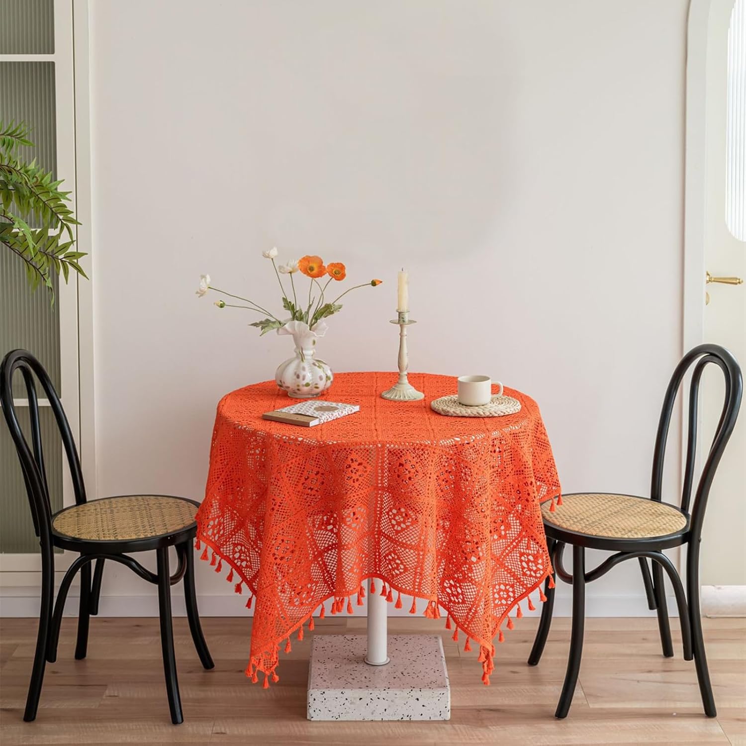 Crochet Lace Tablecloth with Tassel Round Table Cover for Kitchen Dinning Wedding Party Decoration Orange 24x24 Inch