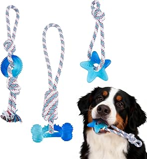 3 Pack Dog Chew Toys for Aggressive Chewers, Multiple Textures & Rope, ndestructible Tough Durable Interactive Dog Toys, Puppy Chew Toys for Teething， Blue Star&Bone&Small Circle