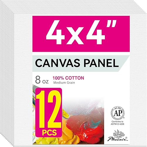 Miniatura 34 de PHOENIX Paneles de lienzo pequeños de 4 x 4 pulgadas, paquete de 12 unidades, 8 onzas, triple imprimado, 100% algodón, sin ácidos, tableros de Blanco