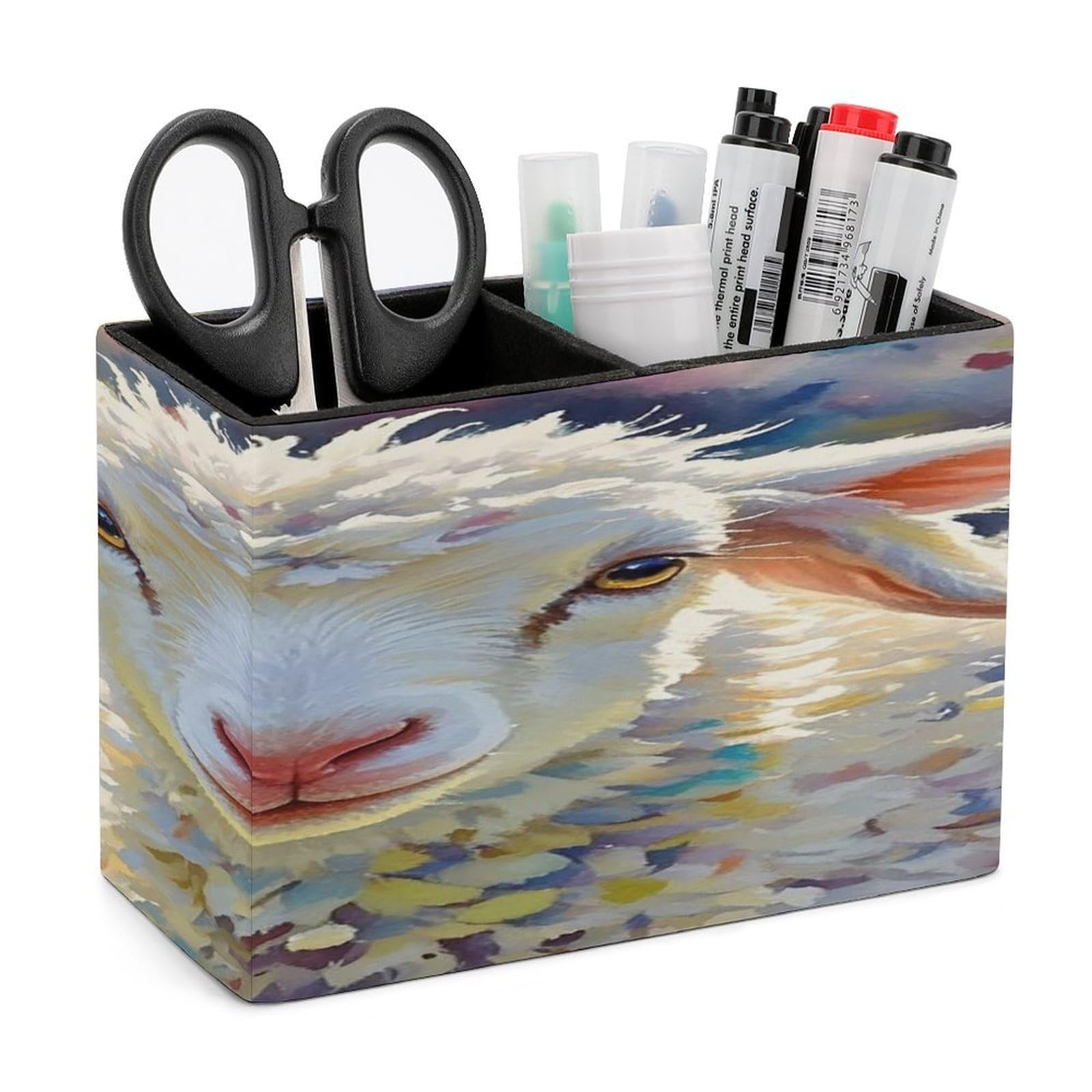 LZQPOEAS Cute Sheep Leather Pen Holder with 2 Compartments Luxury Pencil Holder Minimalist Pencil Cup Brush Scissor Holders Elegant Pen Cup for Office Home Desk Accessories