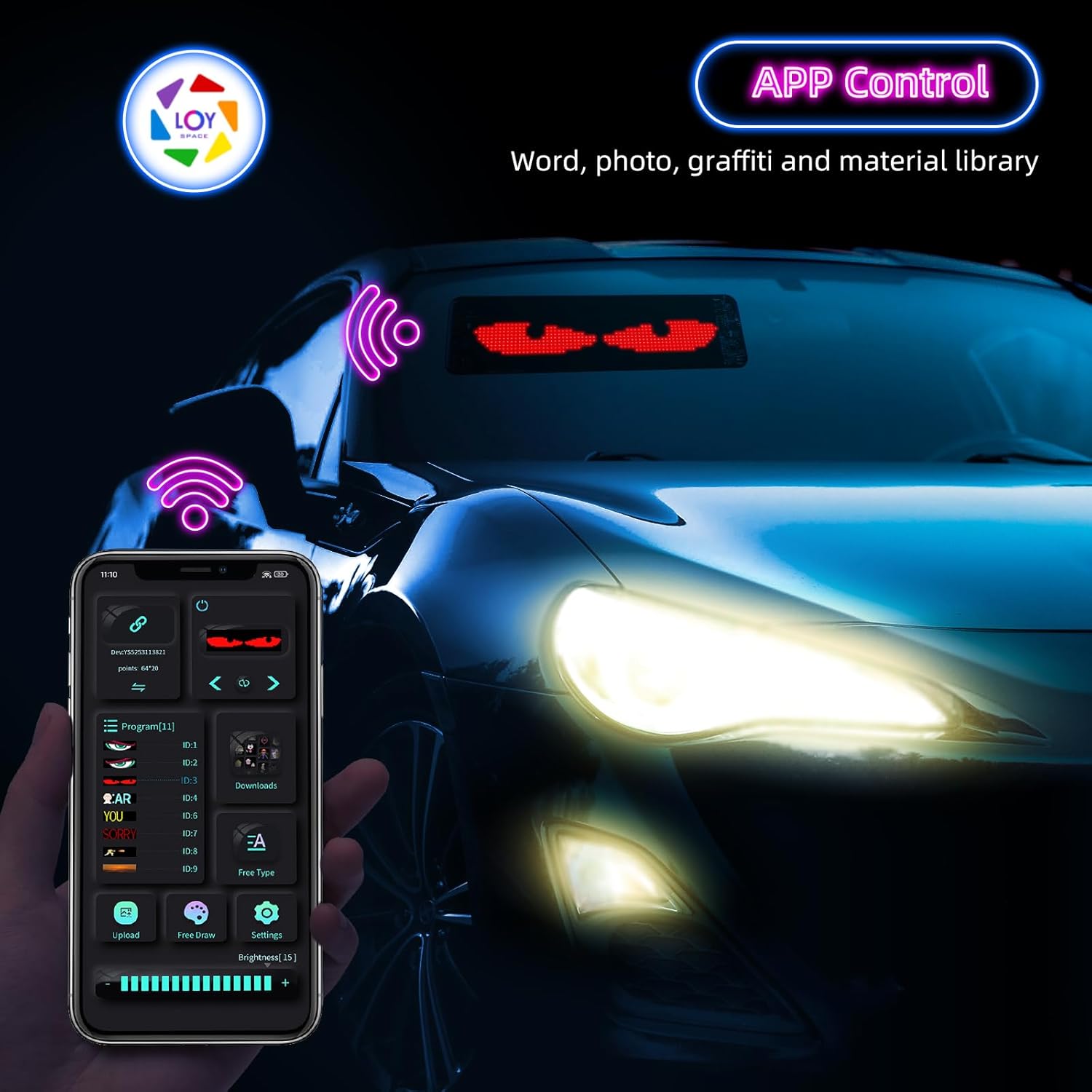 Dynamic LED Devil Eye Lights, Colorful Flexible Eye Lamp Soft Screen for Car Window, Programmable DIY Matrix Panel, APP/Remote Control, USB-Powered for Cars/Shop (13.7''x4'')