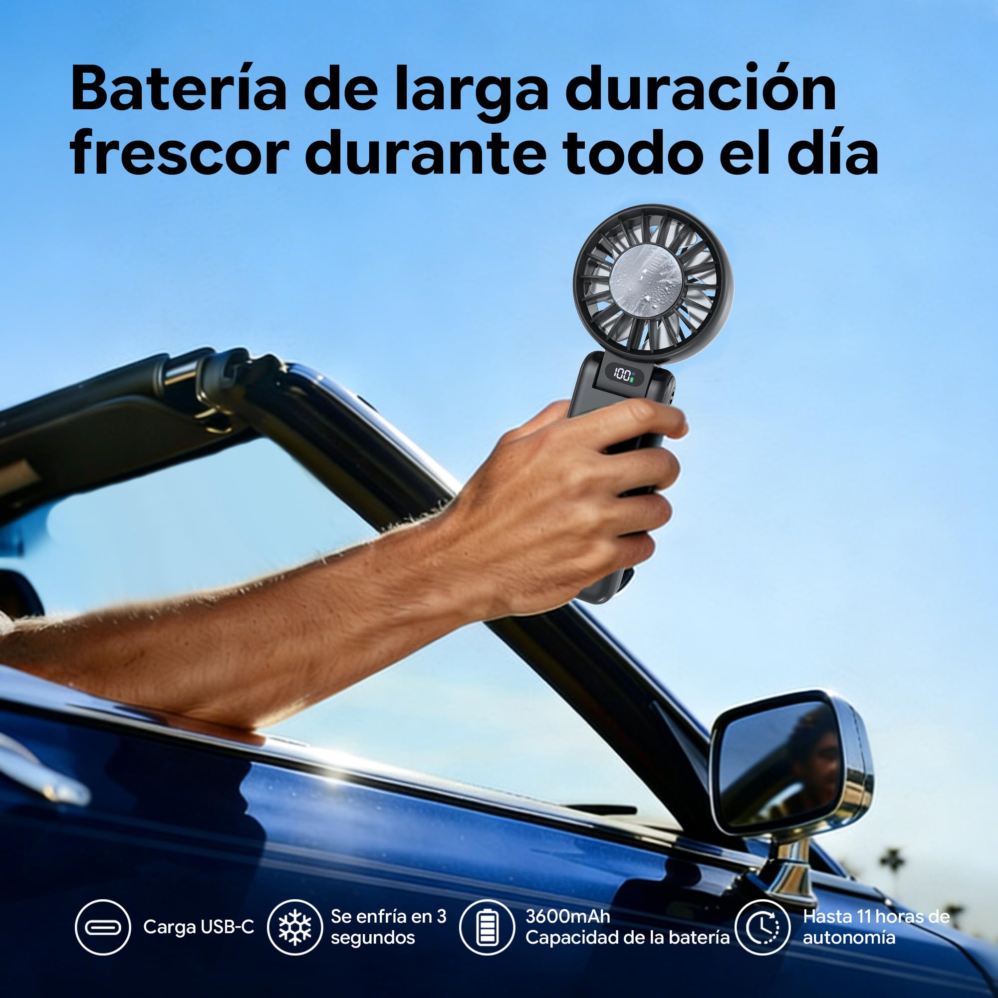 Ventilador Portátil con Refrigeración por Hielo, Enfriamiento en 3 s, Recargable, 5 Velocidades, hasta 9 m/s,carga USB-C,para Viajes, Oficina y Exterior