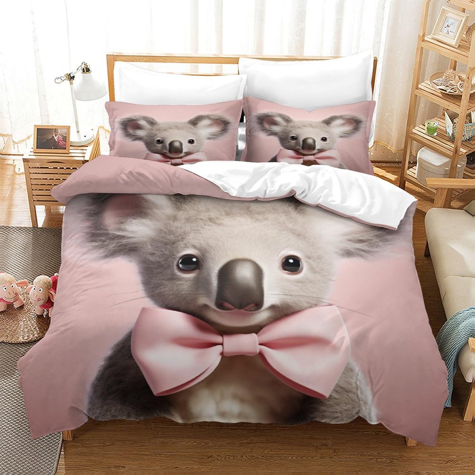 P1S9U7W5Y Adorable Koala Bow Tie 3D Printed Duvet Cover Set 3 Pieces Microfiber Bedroom Décor Cute Animal Bedding Set Soft Breathable for Adults Teens King（220x240cm）