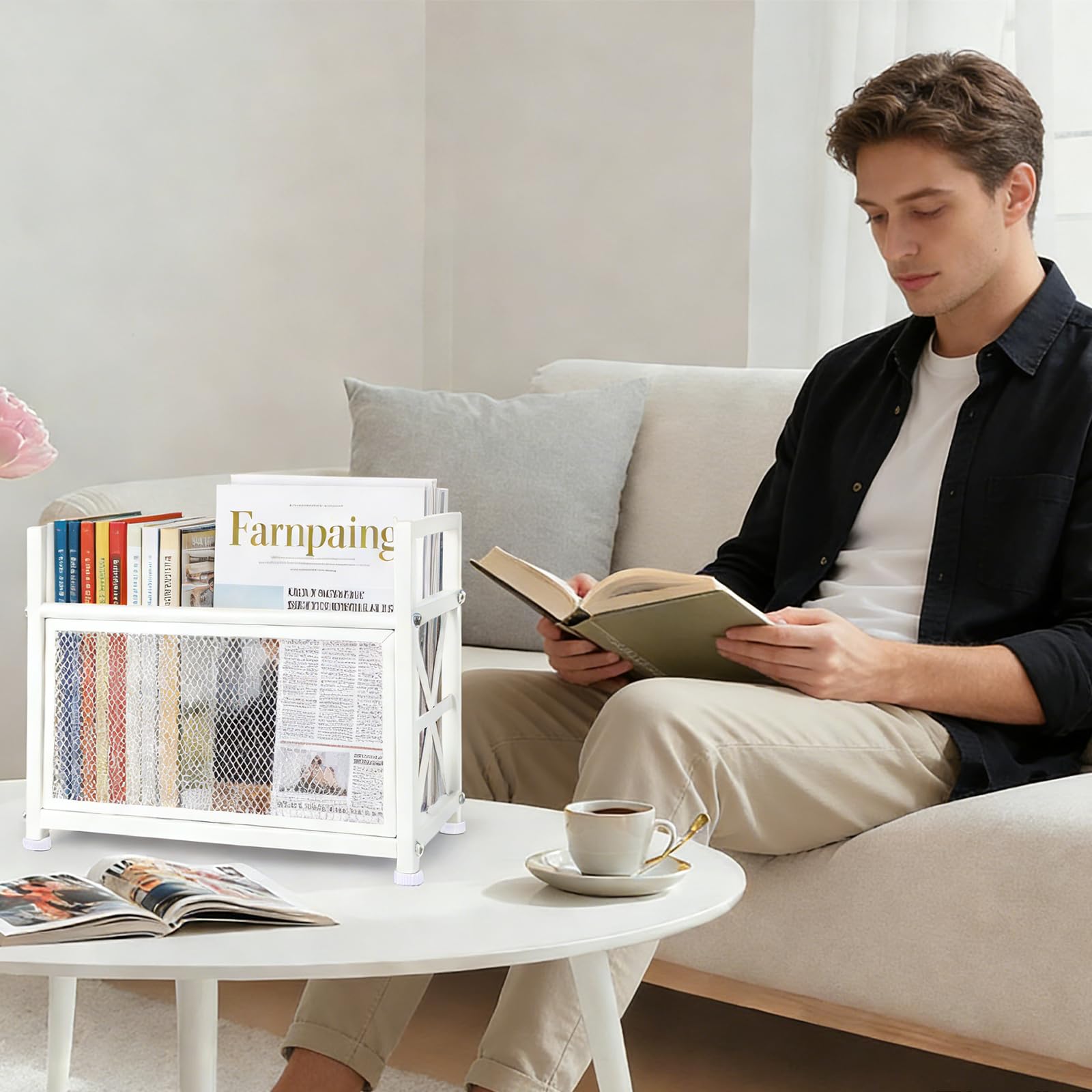 Portariviste da pavimento, in metallo, porta riviste da pavimento, in rete bianca, per riviste, libri, giornali, tablet