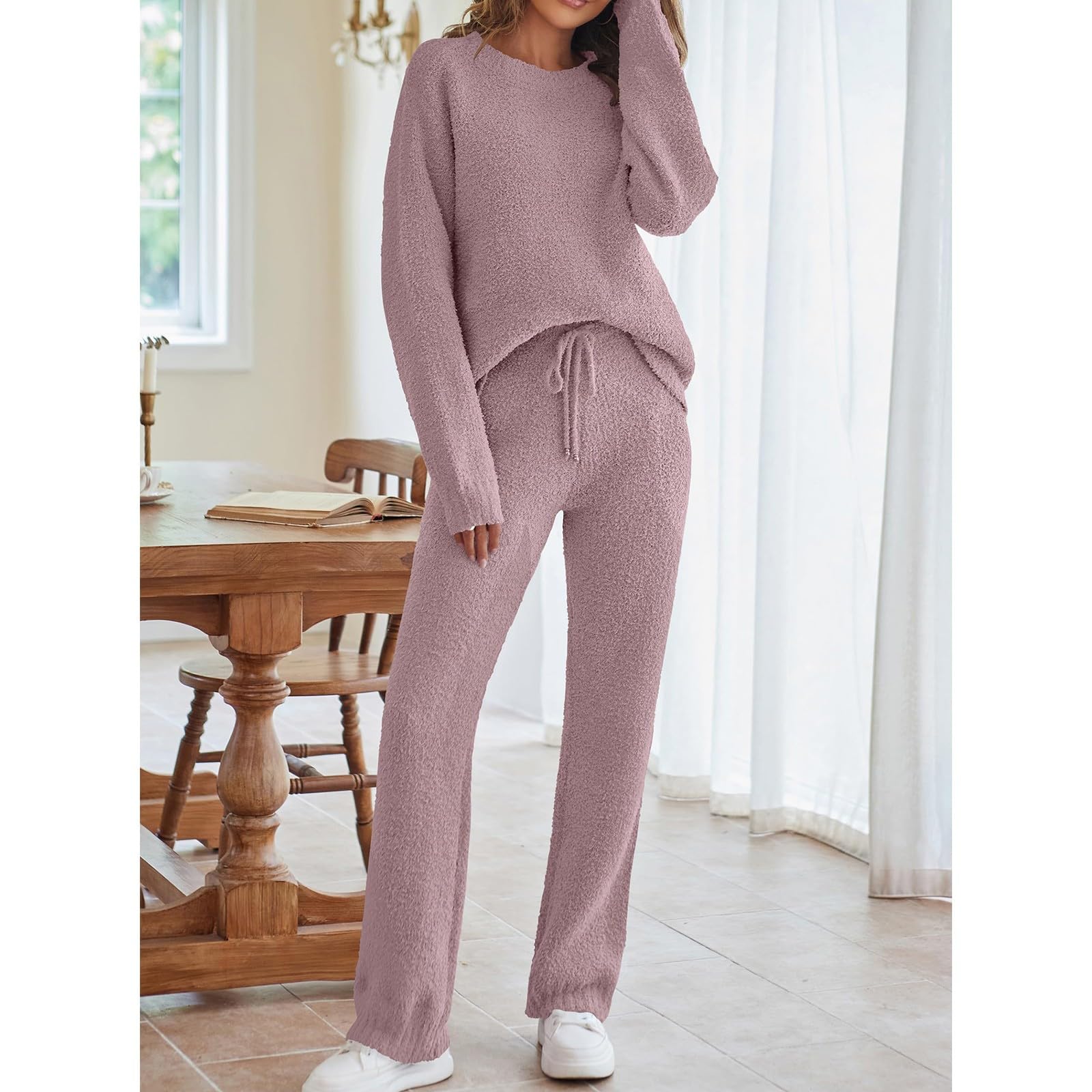 Generisch Traje de casa para mujer, invierno, tallas grandes, dos piezas, manga larga, Homewear | Loungewear - Conjunto de 2 piezas de chándal para mujer, de forro polar, cómodo y cálido