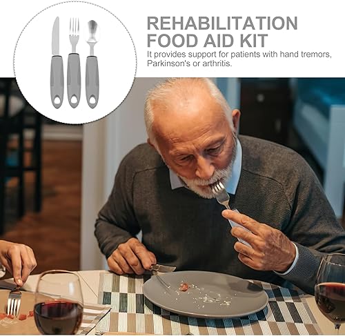 Miniatura 7 de BESTonZON Juego de utensilios adaptativos para ancianos, ancianos con asas construidas, tenedor flexible, cuchara y cuchillo basculante, cuchillo de