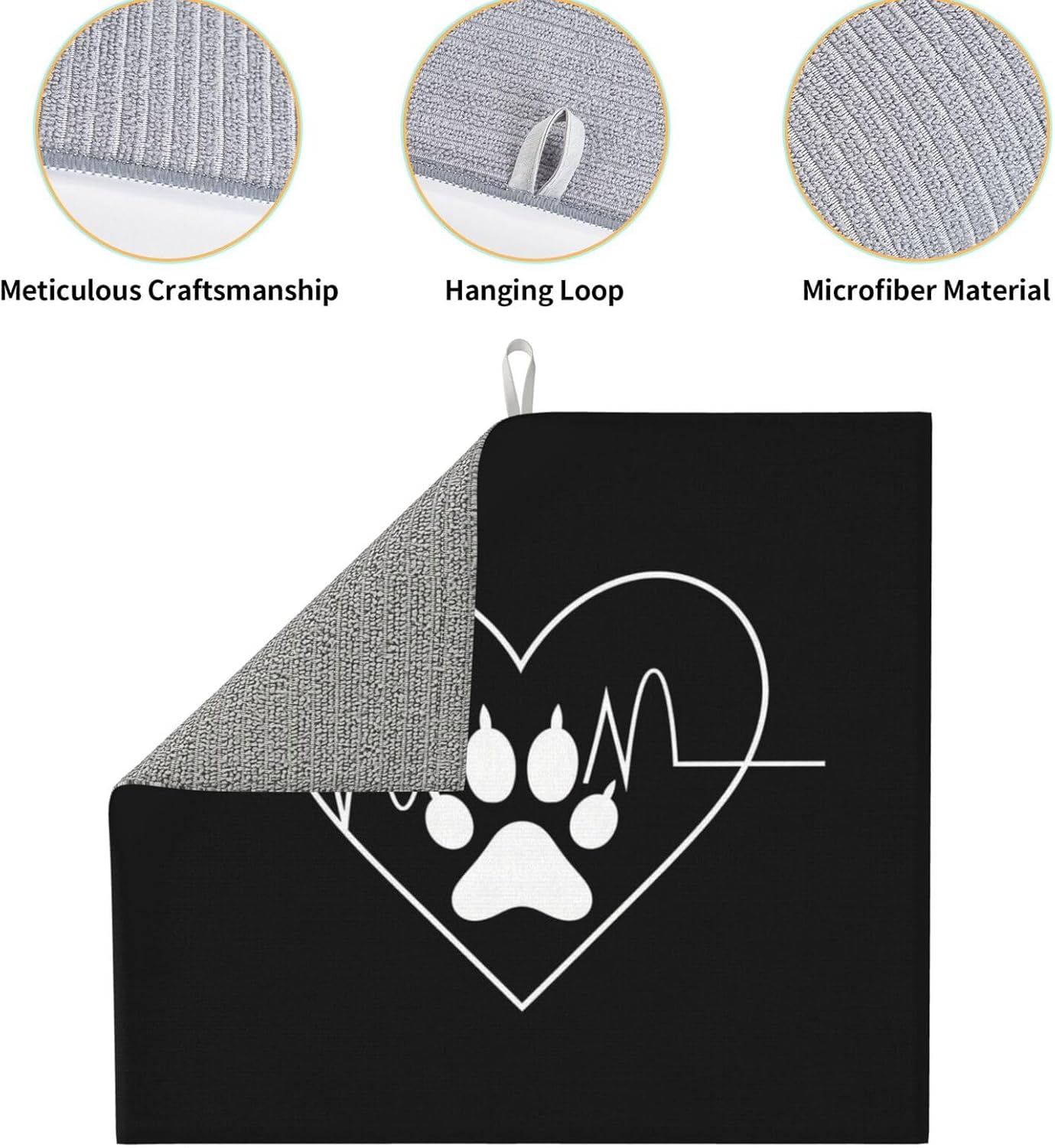 White Heart Paw Print Black Dish Drying Mat For Kitchen Counter Dry Mats Microfiber Dish Drainer Mat Protector Pad Absorbent Fast Drying Kitchen Must-Have 16x18 Inch