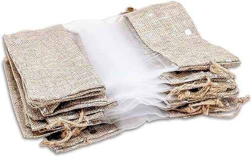 Miniatura 5 de Paquete de 12 bolsas de regalo pequeñas de lino, arpillera y organza con cordones (3.5x5.5 pulgadas, lunares beigeplateado) - Recuerdos de fiesta,