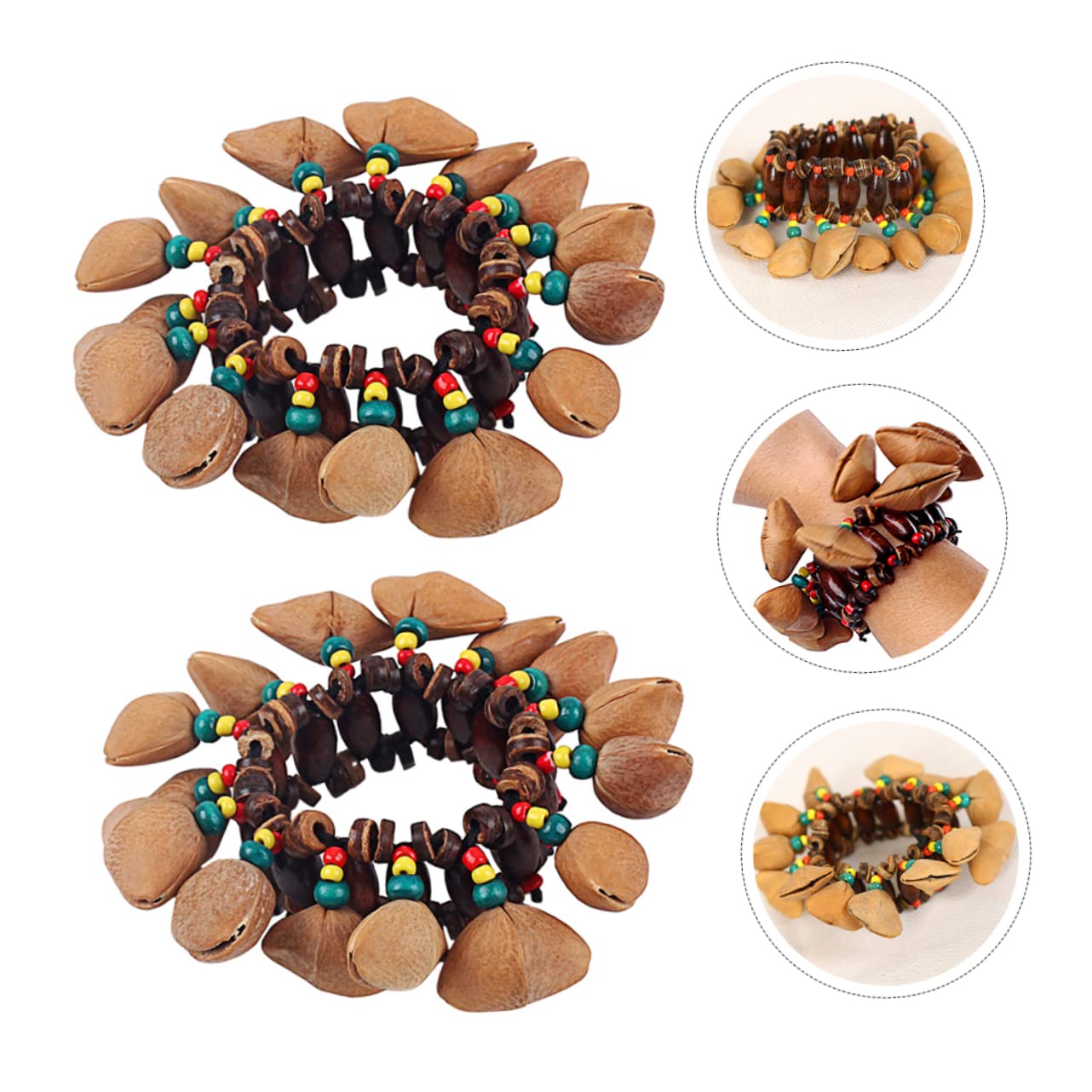 Campanella a Guscio di Noce, 2 Pezzi, Stile Tribale Africano | Bracciale a Forma di Bangle, per Ragazzo Ragazza, Legno e Cocco, per Danza e Feste