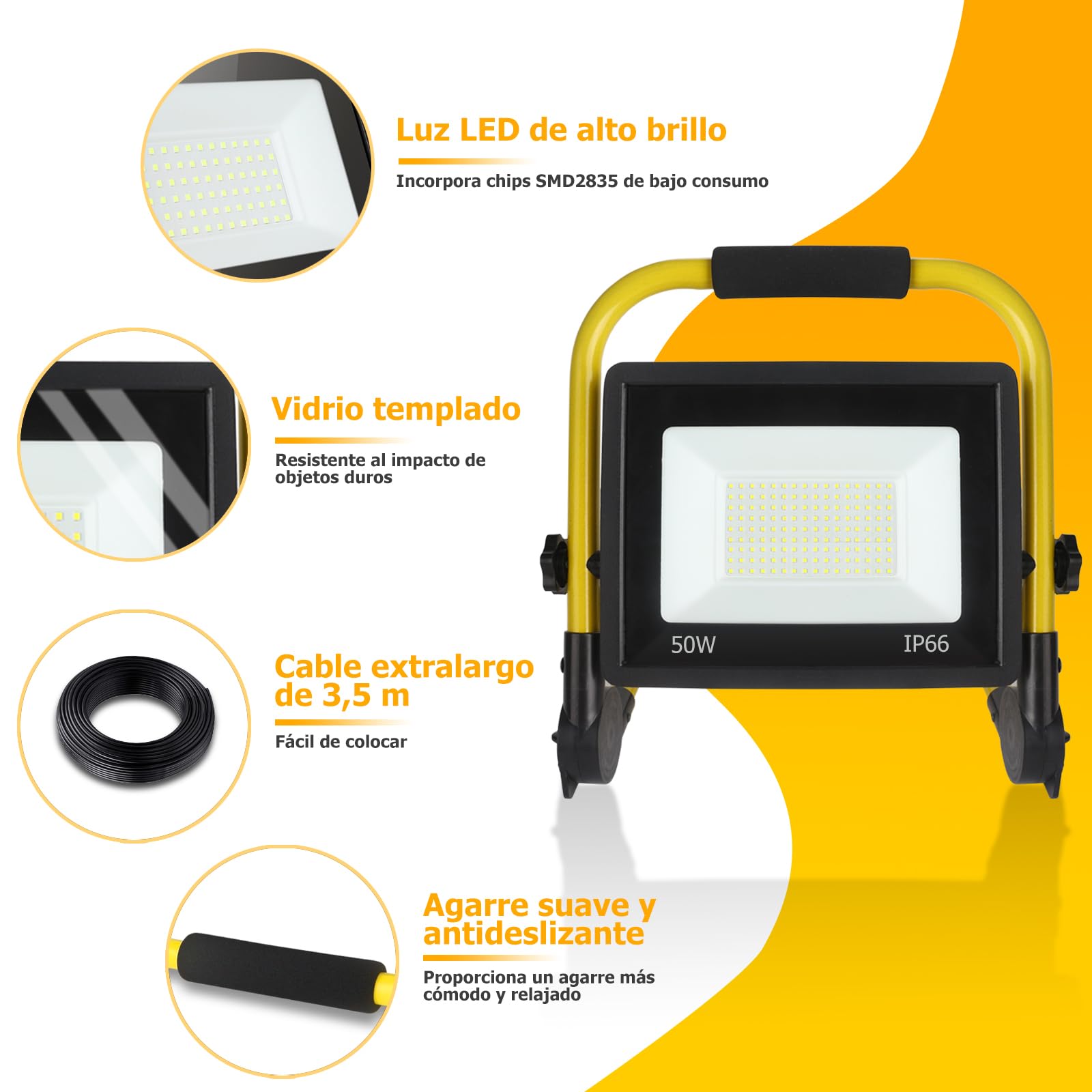 Luz de trabajo LED de 50 W, luz de trabajo súper brillante de 5400 lm, reflector portátil de 6000 K, luz blanca diurna, IP66 impermeable, luces de construcción con cable de 3,5 m, enchufe e