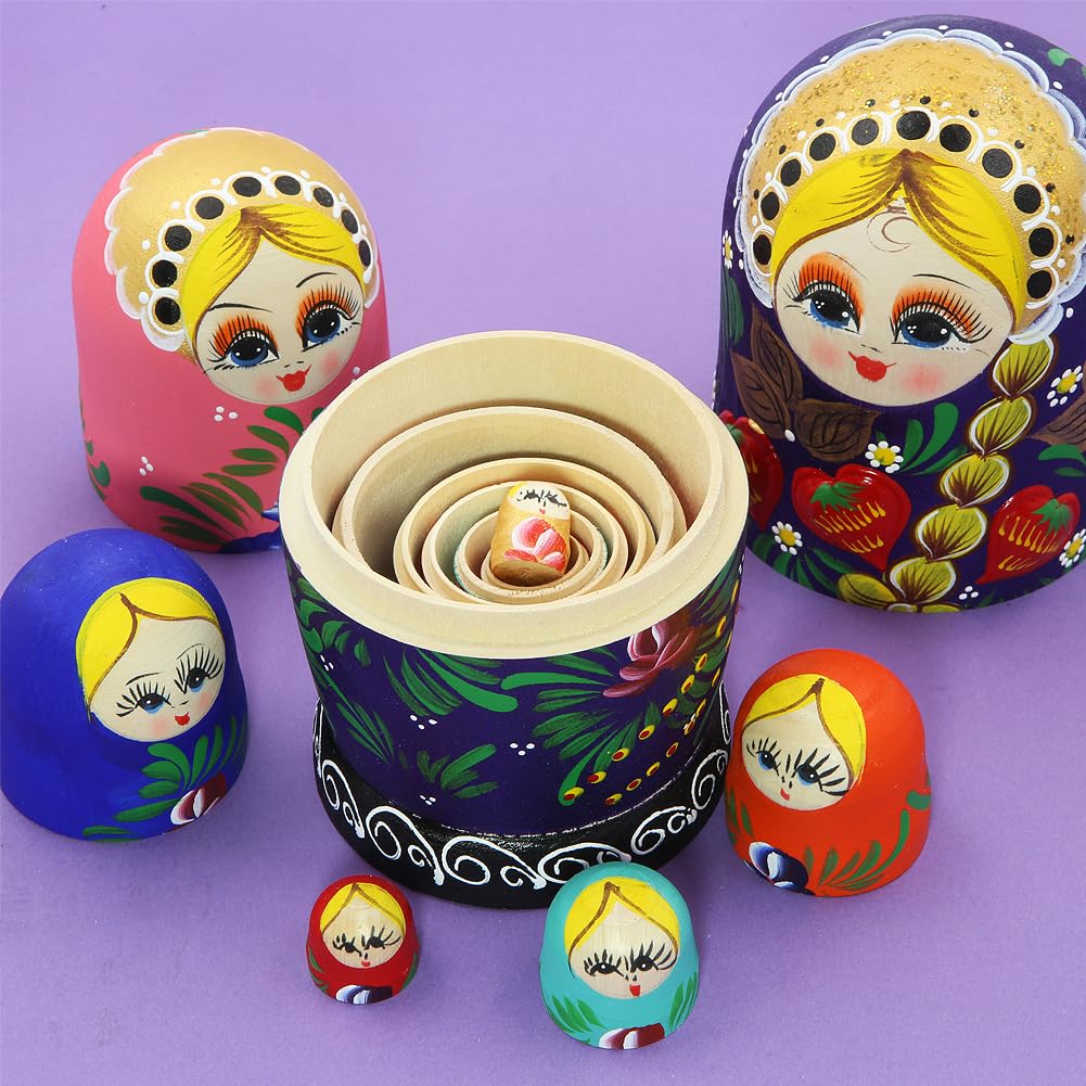Lot De 7 Poupées Gigognes Russes Matriochka - Motif Fille Aux Tresses - Bois Naturel