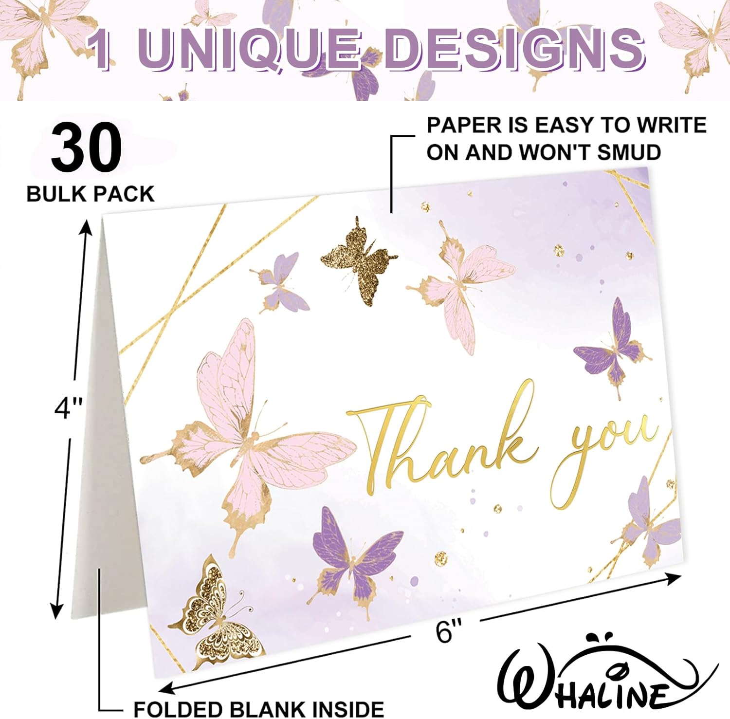 Whaline 30 Pack Butterfly Thank You Cards Gold Foil Purple Greeting Cards with Envelopes Stickers Lavender Blank Note Cards for Party Invitation Supplies, 4 x 6 Inch - Image 2