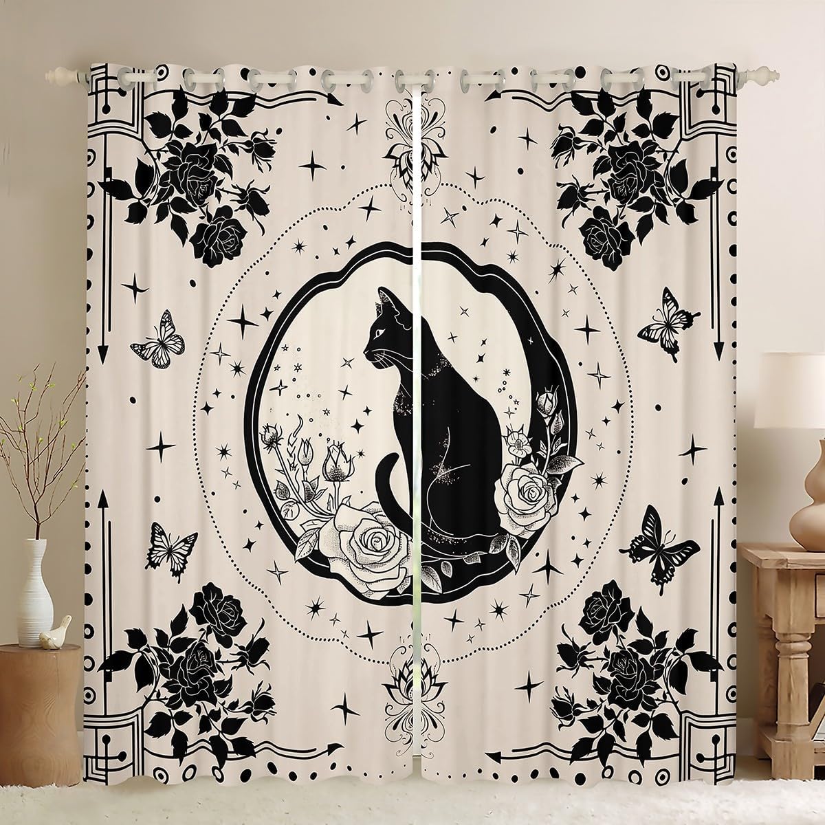 Manfei Cute Cat Blackout Curtain Rose Flower Butterfly Print Window Drapes, Cartoon Animal Theme Window Treatments, Kids Boy Girl Room Decor, Grommet Top 2 Panel Set Bedroom Curtains, 38Wx45L inch