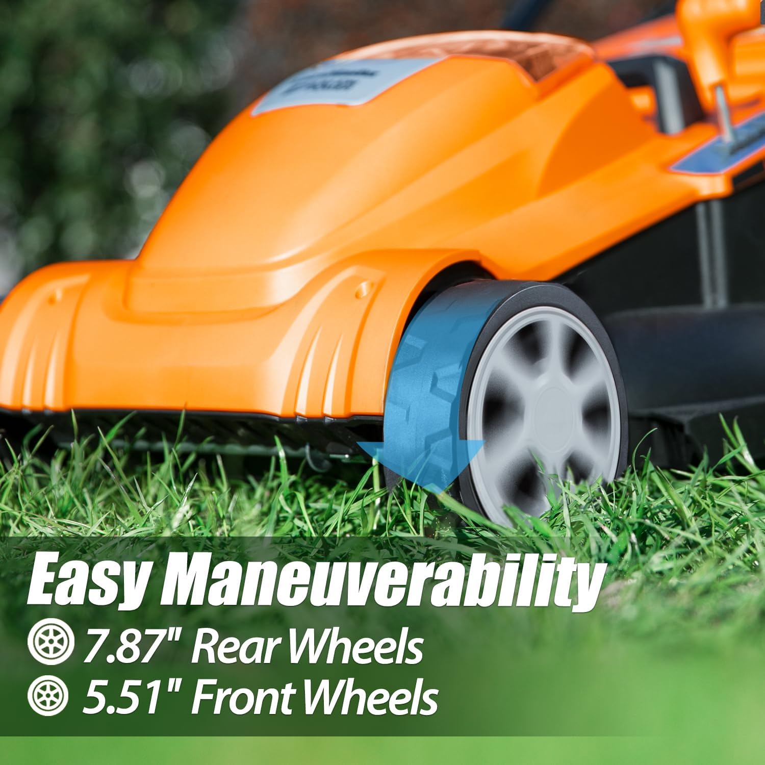 LawnMaster mower showing its maneuverability with large rear wheels