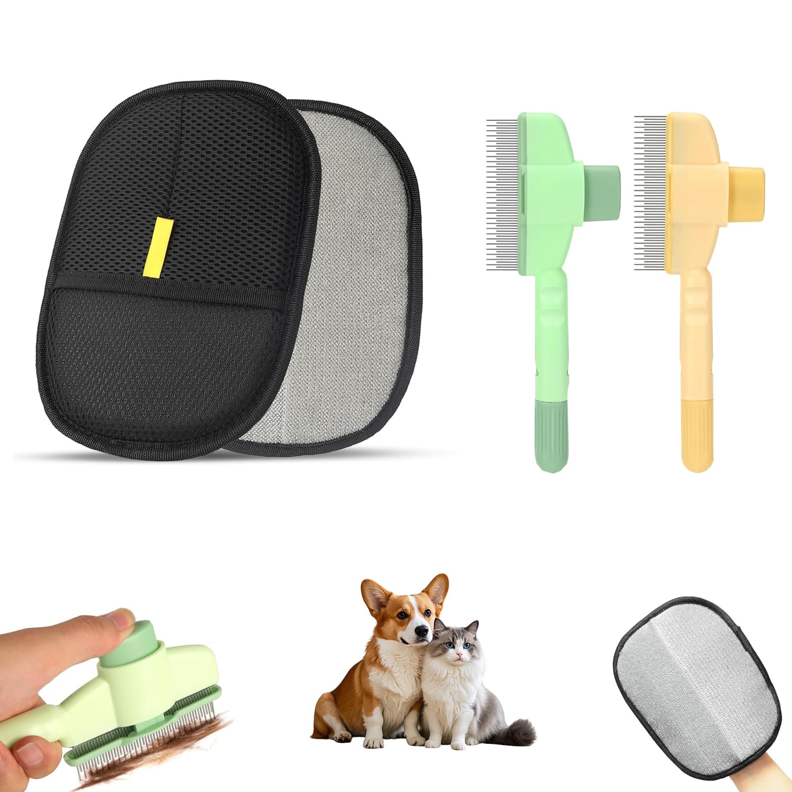 Kaizuca 4-Pack Pet Hair Removal Glove & Grooming Brush for Cats, Self-Cleaning Brush for Cats and Dogs, Pet Hair Removal Glove for Shedding