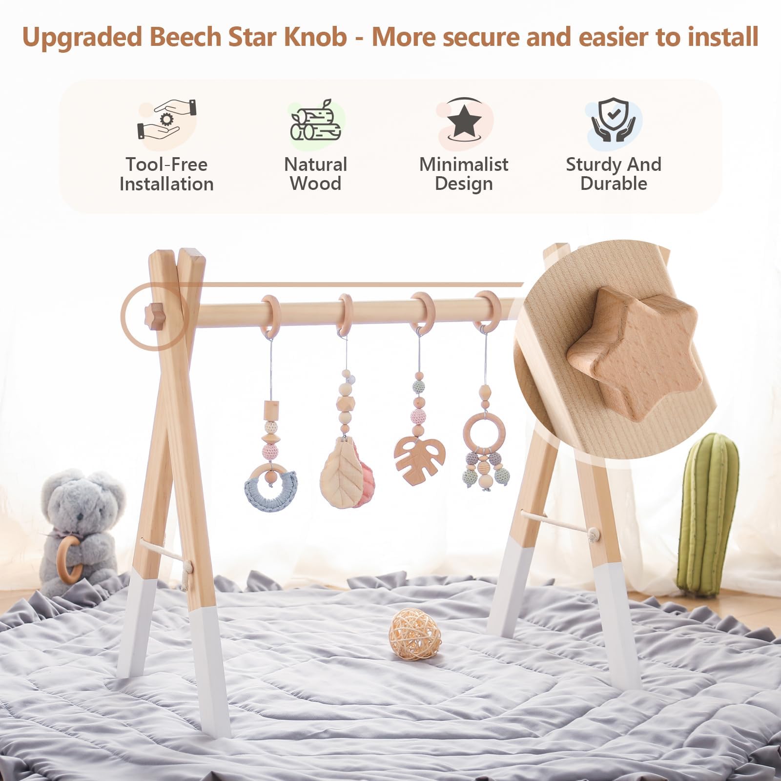 Promise Babe Wooden Baby Play Gym Play Arch Baby 4 Detachable Sensory Baby Toys Pink Pendant Design Newborn Baby Essentials Wooden Activity Baby Gym - Image 2