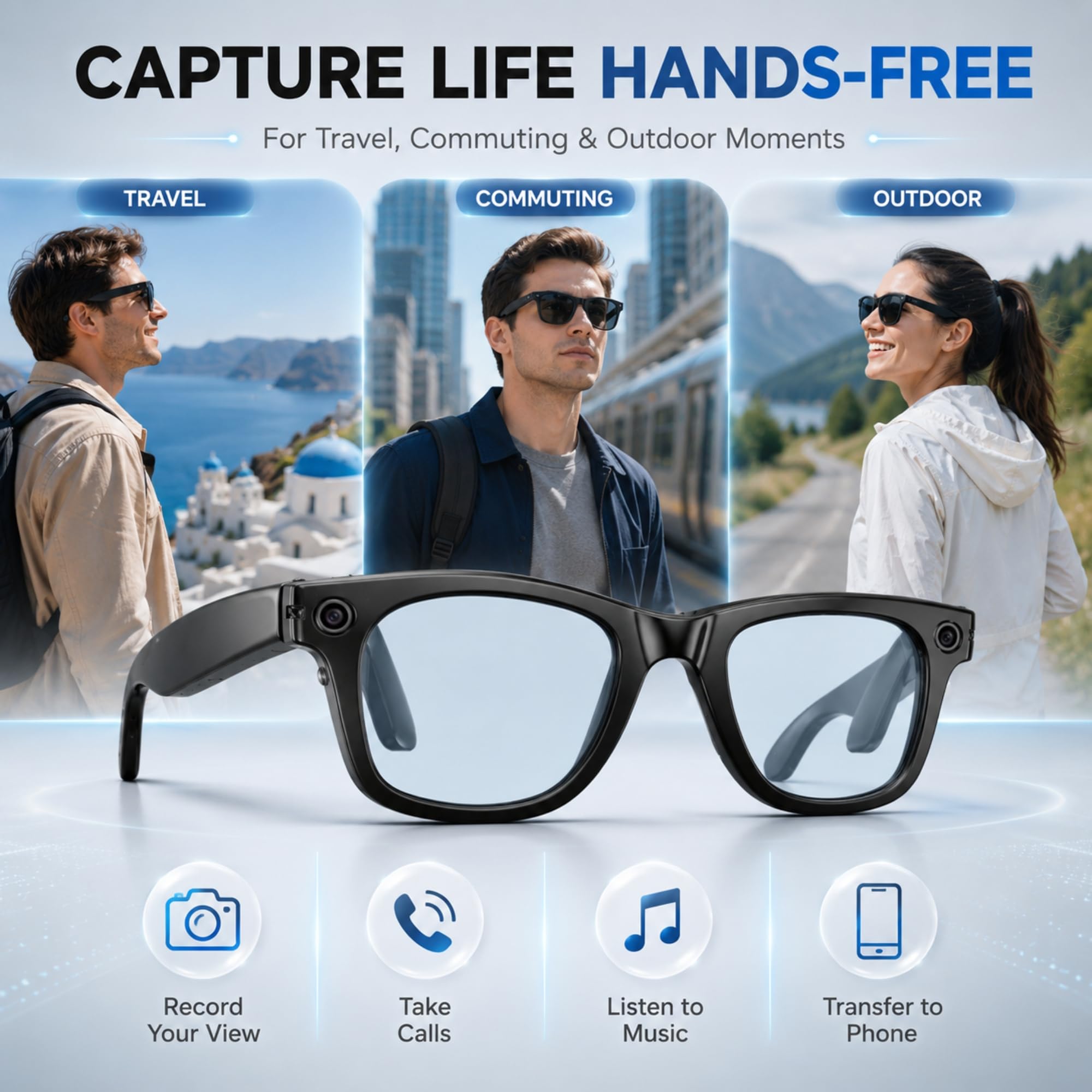 W-Direct Smart AI Camera Occhiali con 8MP HD Video (Anti Luce Blu) - Bluetooth 5.3 Open Ear Audio & Trasferimento WiFi - Occhiali da sole intelligenti indossabili mani libere
