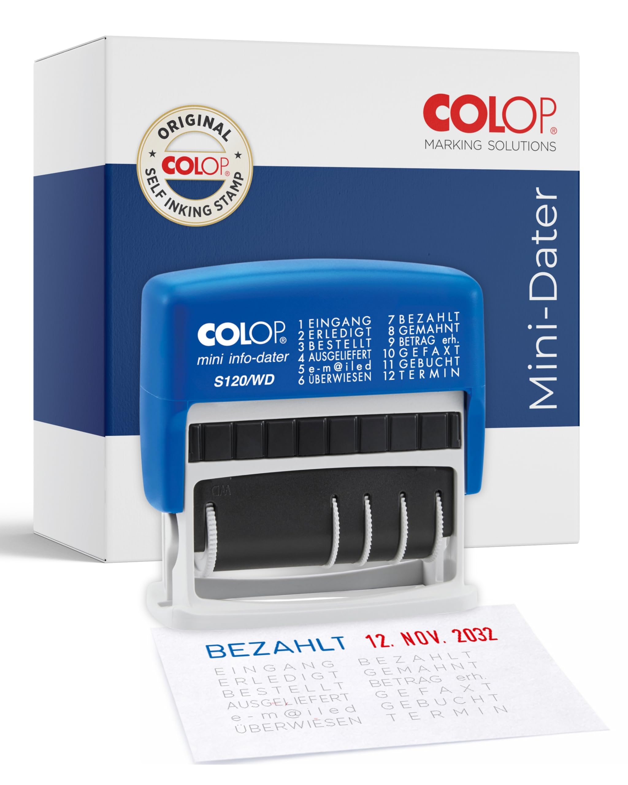 Colop S120/WD MiniInfoDater Schrifthöhe 4 mm Kissen blau/rot 12 Texte