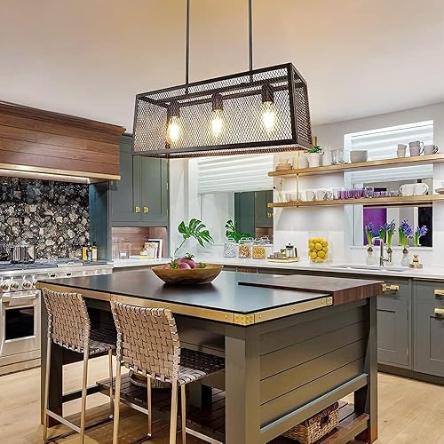 Miniatura 7 de Depuley Lámpara industrial para isla de cocina, candelabro de 3 luces, lámpara colgante de malla metálica ajustable para comedor, sala de estar,