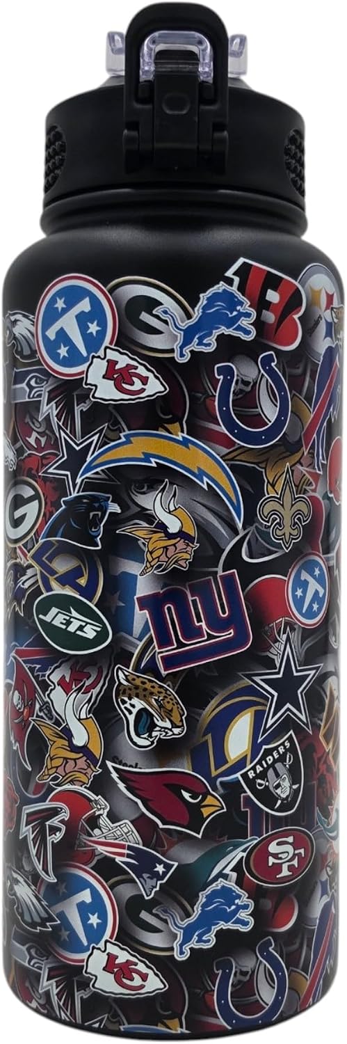 NFL ProPress Blackout All Over Team Logo Mashup 32oz Stainless Steel Water Bottle, Press Top Lid
