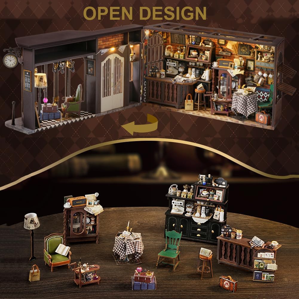 Miniaturowy zestaw Magic Coffee Shop domek dla lalek, drewniany zestaw do domku dla lalek, miniaturowy zestaw domków ze światłem LED, kreatywny pomysł na pokój dla dorosłych
