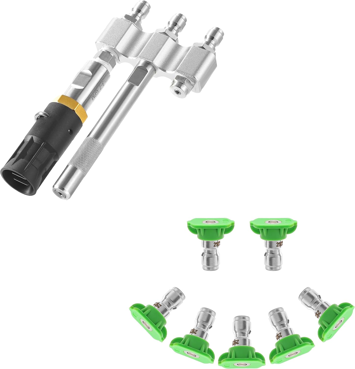 M5 Twist Nozzle, 3-in-1 Long Range Shooter Tip with Adjustable Downstream Soft Wash, Pressure Washer Tips, 25 Degree Green Power Washer Nozzle Tips, Pressure Washer Nozzle 7 Pack