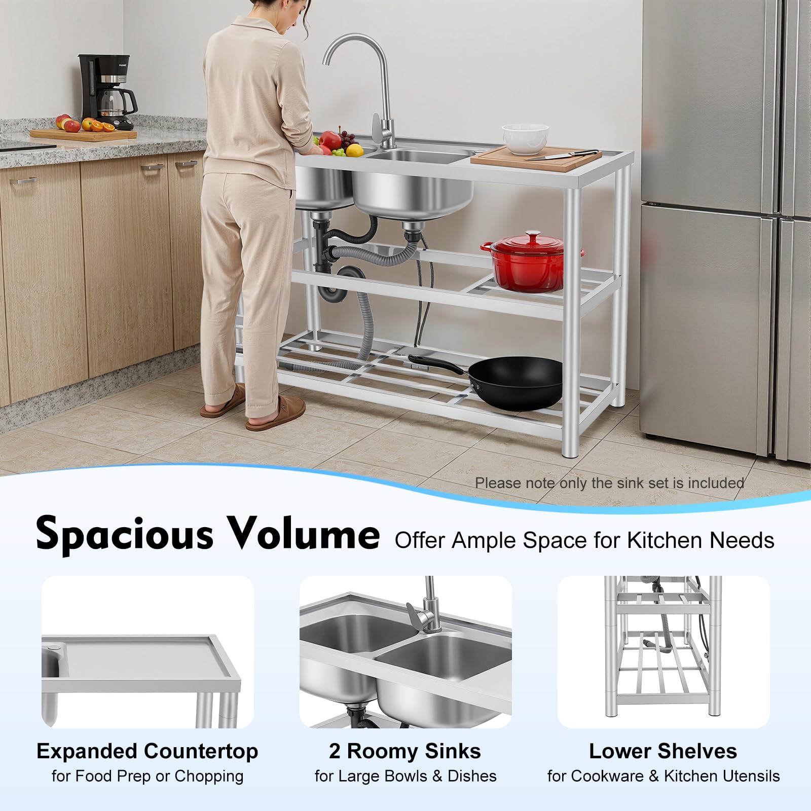 Lavello da cucina in acciaio inox 2 vasche 3 livelli, freestanding lavandino in acciaio inox, doppio lavello da cucina con rubinetto caldo e freddo, Lavabo commerciale indipendente, 120 x 45
