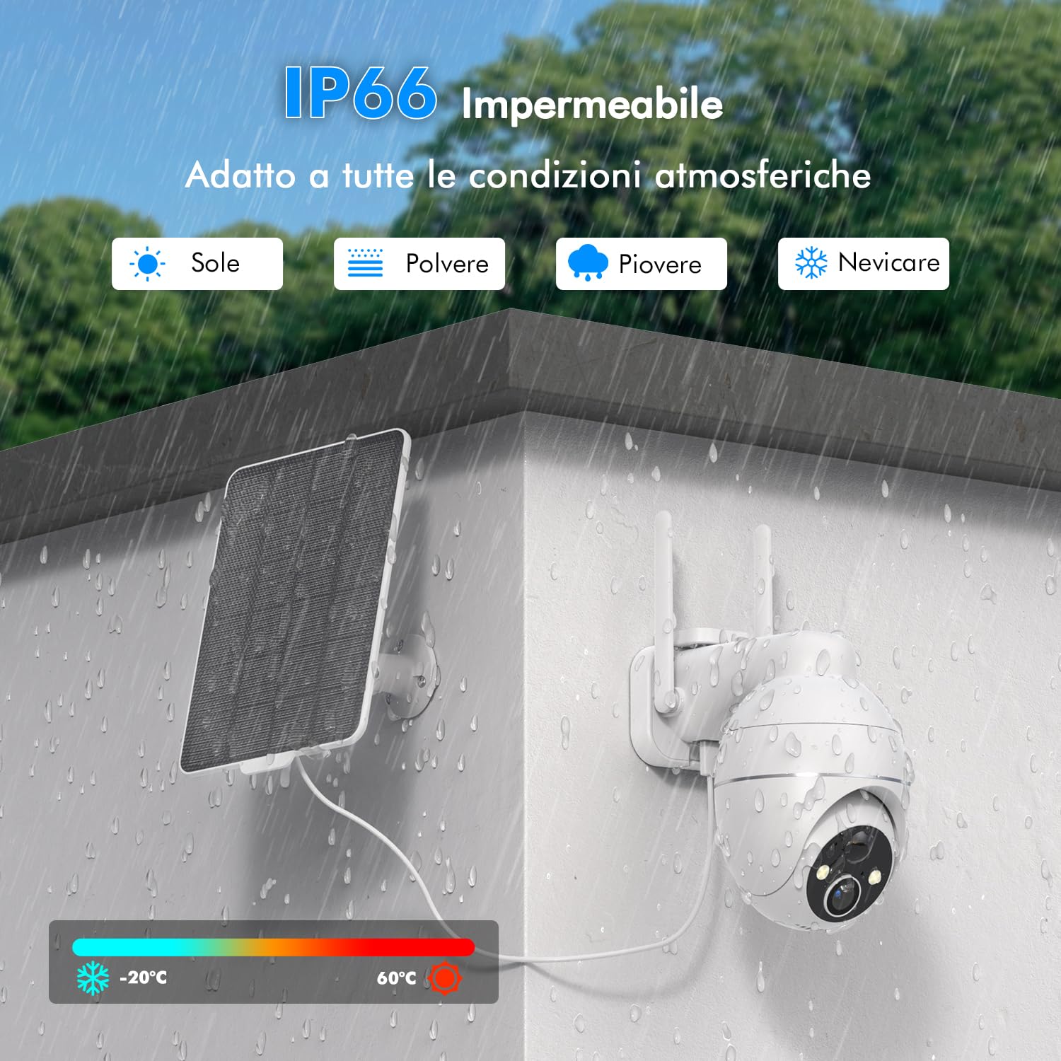 3K Telecamera Wi-Fi Esterno Senza Fili a Batteria, 360° PTZ Videocamera Sorveglianza con Pannello Solare, 2.4GHZ&Bluetooth, Visione Notturna a Colori, Allarmi PIR, Rilevazione di Movimento