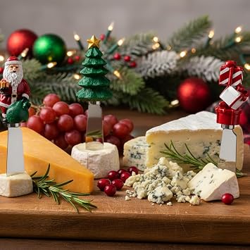 UP Christmas Themed Cheese Spreaders, Hand-Painted Resin Handles with Stainless Steel Blades for Spreading Cream Cheese, Butter, and Jam, Assorted Designs, Set of 4