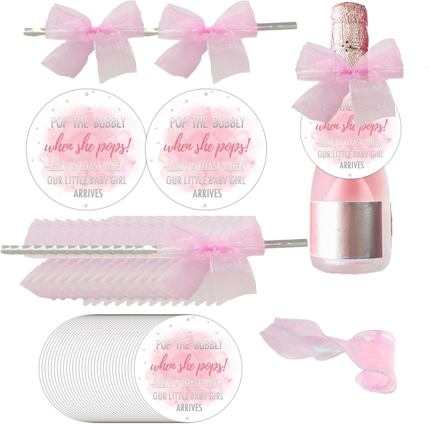 101 pcs “When She（He） Pops” Champagne Baby Shower Bottle Tags - 50 Elegant Baby Shower Favor Tags with Delicate Tulle Bow and White String for Party Guest Gifts Newborn Girl(Boy) Celebration (Girl)