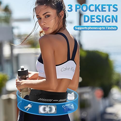 Miniatura 3 de Cinturones delgados para correr para mujeres y hombres, soporte reflectante para teléfono para correr, cinturón de cintura con 3 bolsas, regalos