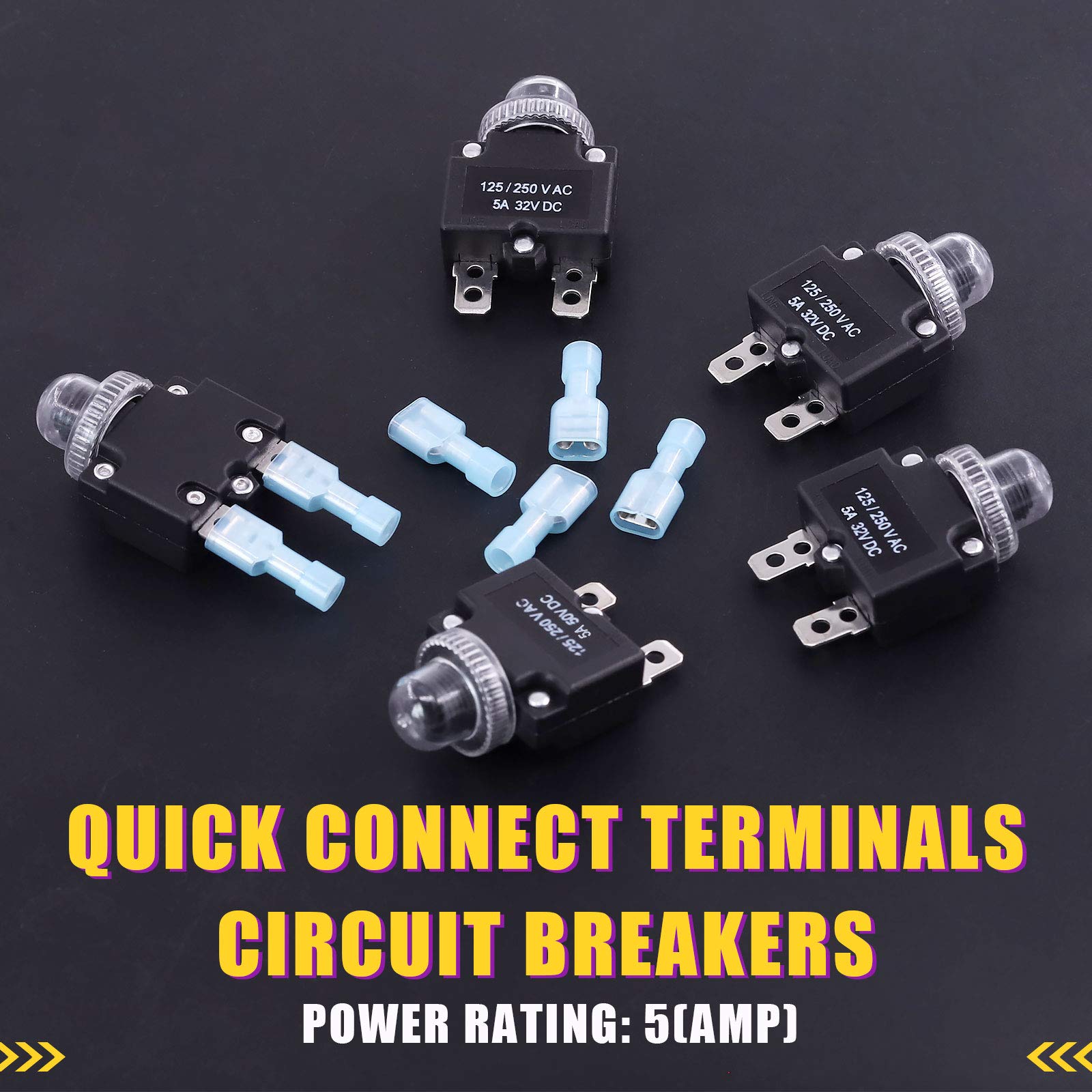 Swpeet 30Pcs 5Amp Thermal Circuit Breaker with Quick Connect Terminals and Waterproof Button Caps Assortment Kit,Waterproof Push Button Manual Reset Circuit Breaker 32V DC 125/250VAC 50/60Hz - Image 3