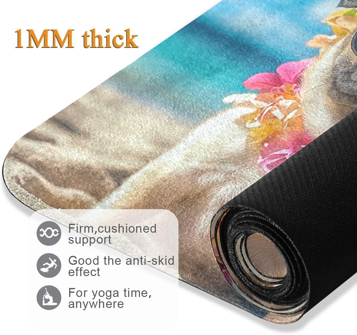 ALAZA Hawaii Puppy Pug Glasses Flower Beach Yoga Mat Non Slip Fitness Exercise Mat, Workout Mat for Yoga, Pilates and Floor Exercises
