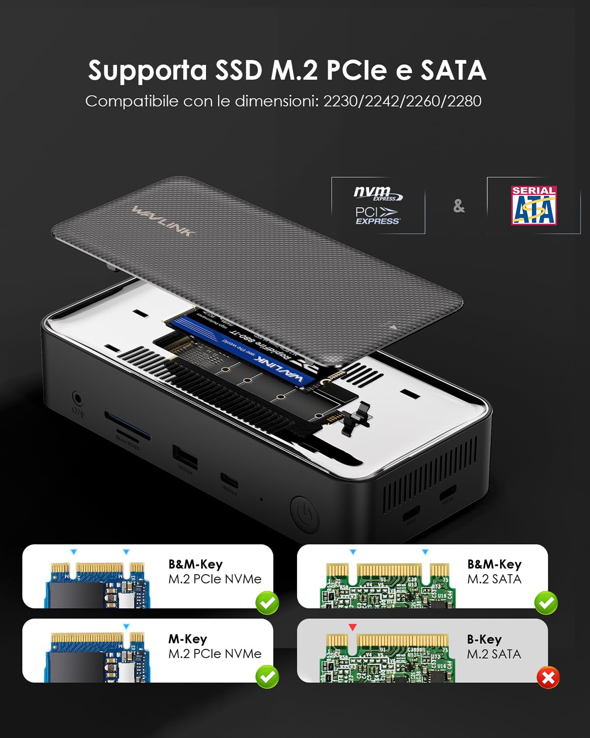 WAVLINK Docking station USB-C, Dock per Laptop 12-in-1 con Alloggiamento SSD M.2 PCIe/SATA, Triplo Display (3 * 4K a 60 Hz, 2 HDMI/1 DP), 100W PD, USB C/A, SD/TF, Gigabit per MacOS e Windows