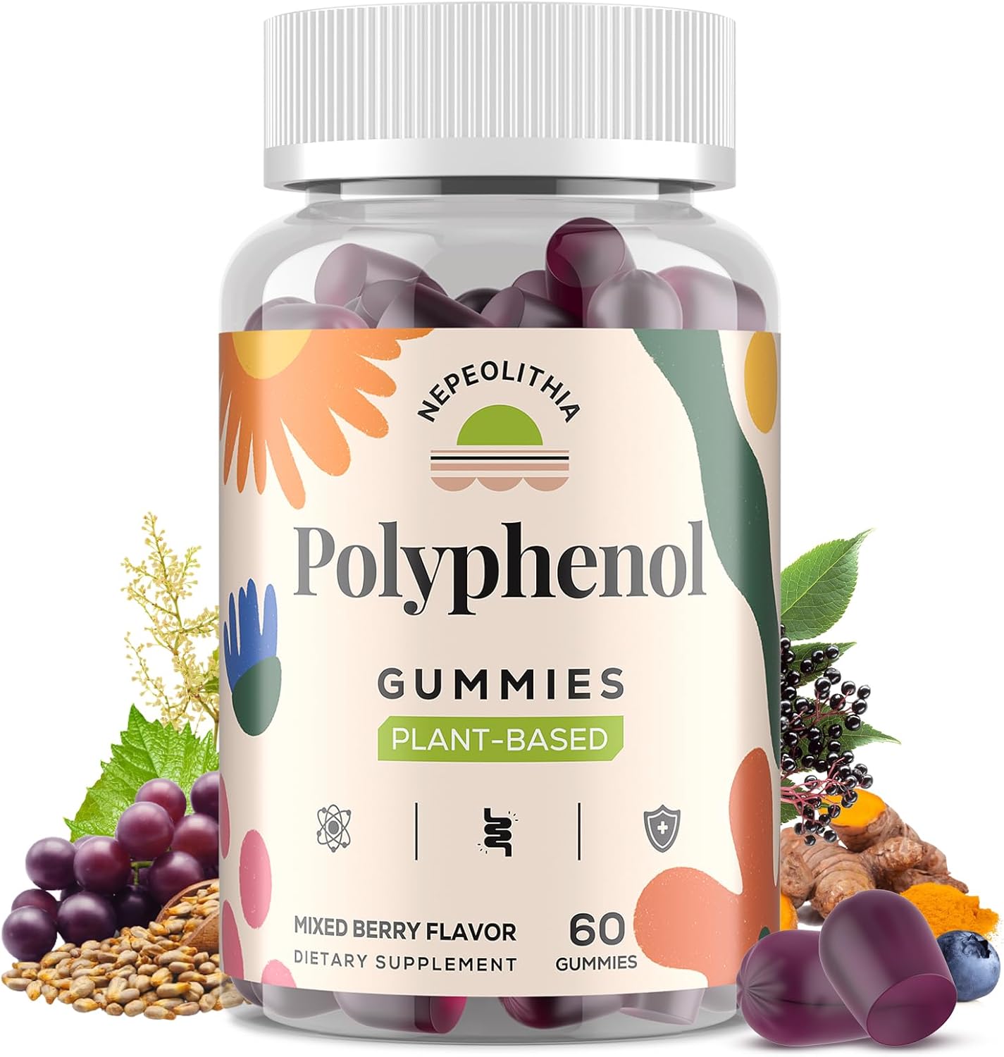 Polyphenol Gummies, Plant-Based Formula with Resveratrol, Elderberry, Grape, Turmeric,Green Tea, Cranberry Extract, Vitamins & Minerals, Superfood Blend, Mixed Berry Flavor, 60 Gummies