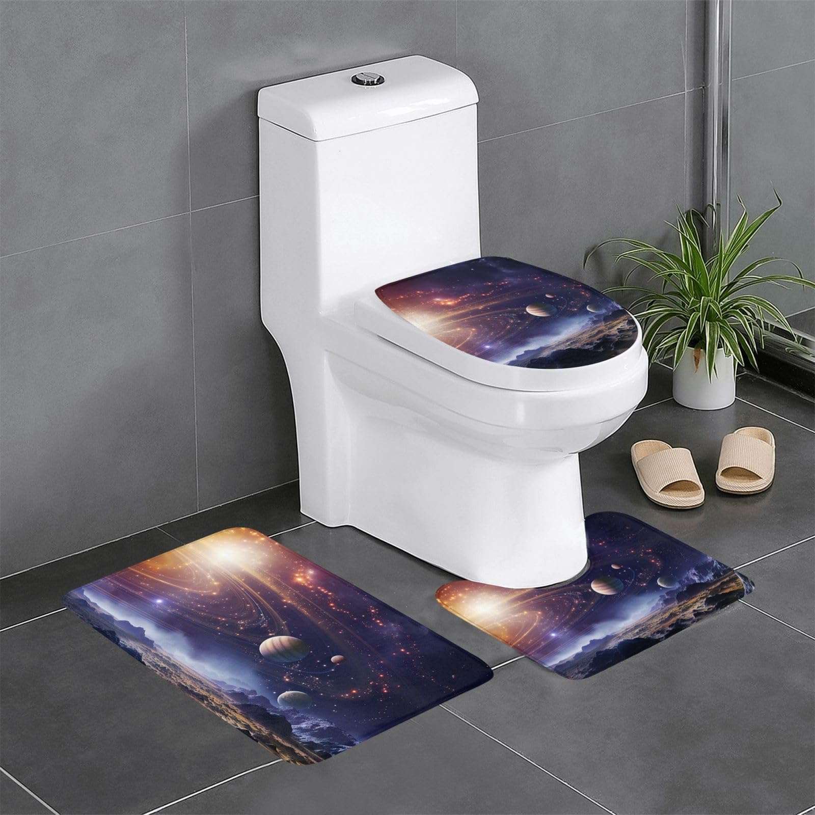 Tapis de bain galactique 3 pièces lavable avec couvre-cuvette pour wc et salle de bain