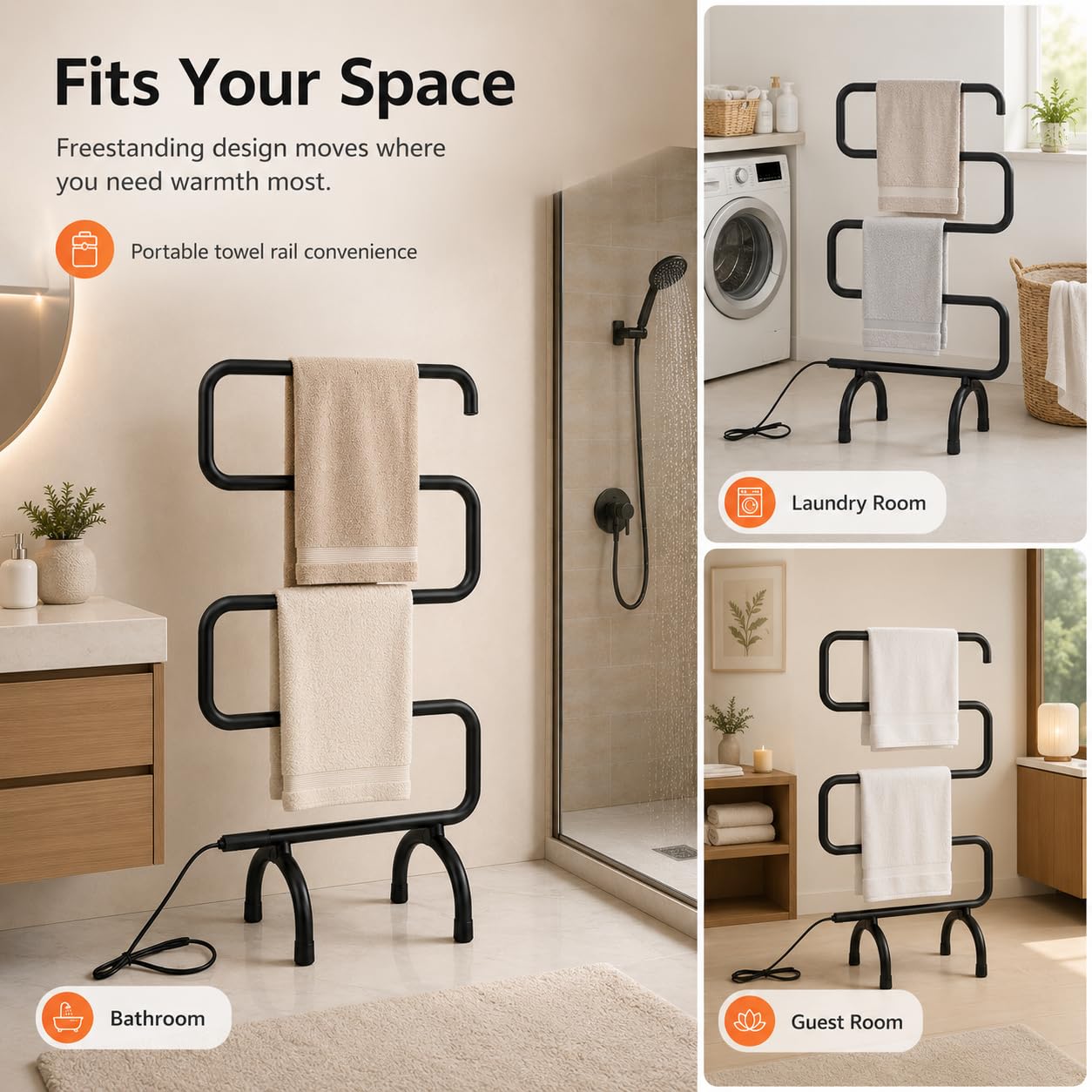 Toallero con calefacción, toallero eléctrico Independiente para baño, Acero Inoxidable, Temperatura Constante de 55 ℃ Black