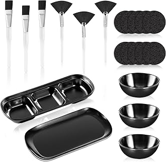 21 Pcs Black Esthetician Supplies 3 Stainless Steel Facial Mask Mixing Bowls 3 Fan Brushes Esthetician 3 Facial Flat Brushes Skincare Tray 3-Compartment Serving Tray 10 Round Compressed Facial Sponges