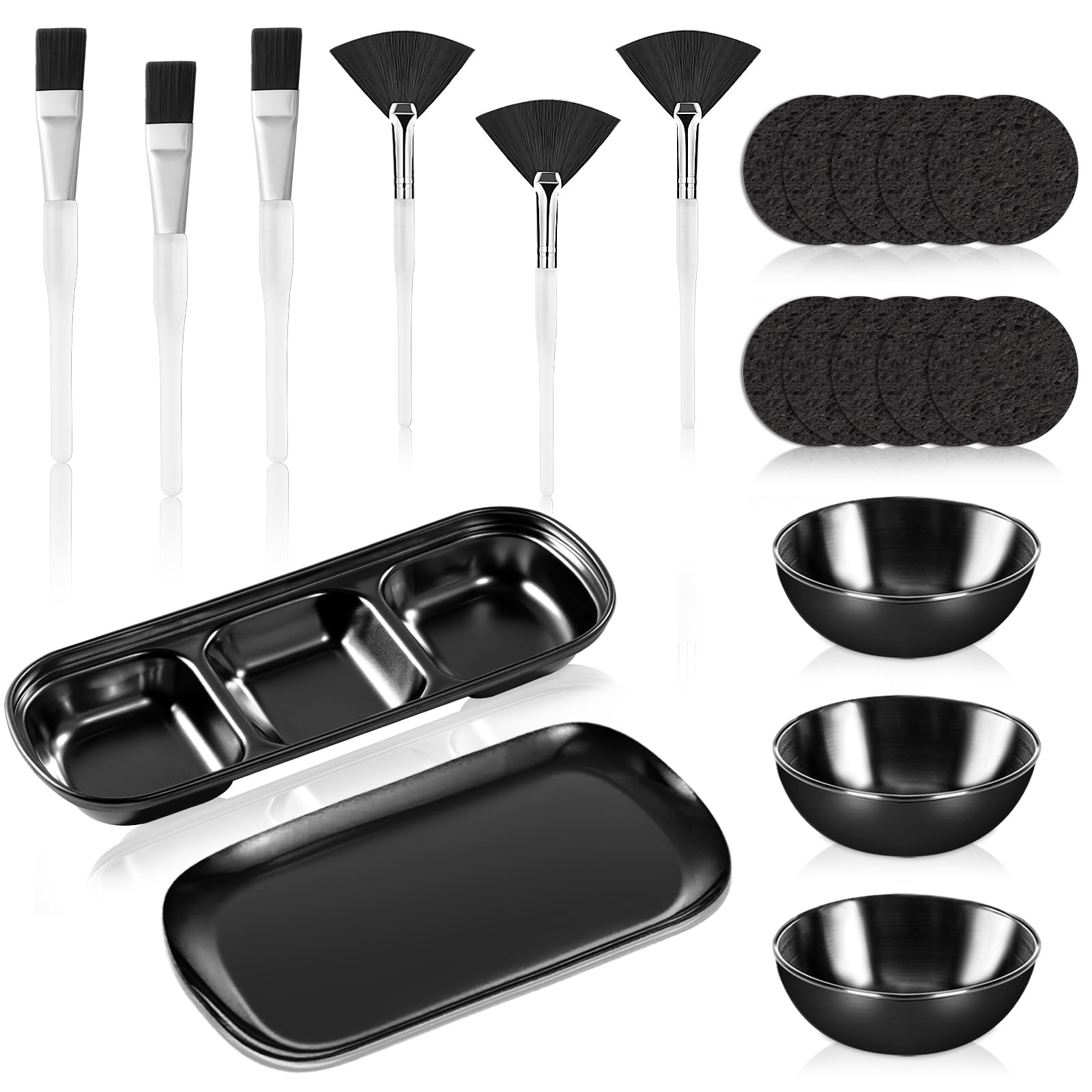 21 Pcs Black Esthetician Supplies 3 Stainless Steel Facial Mask Mixing Bowls 3 Fan Brushes Esthetician 3 Facial Flat Brushes Skincare Tray 3-Compartment Serving Tray 10 Round Compressed Facial Sponges