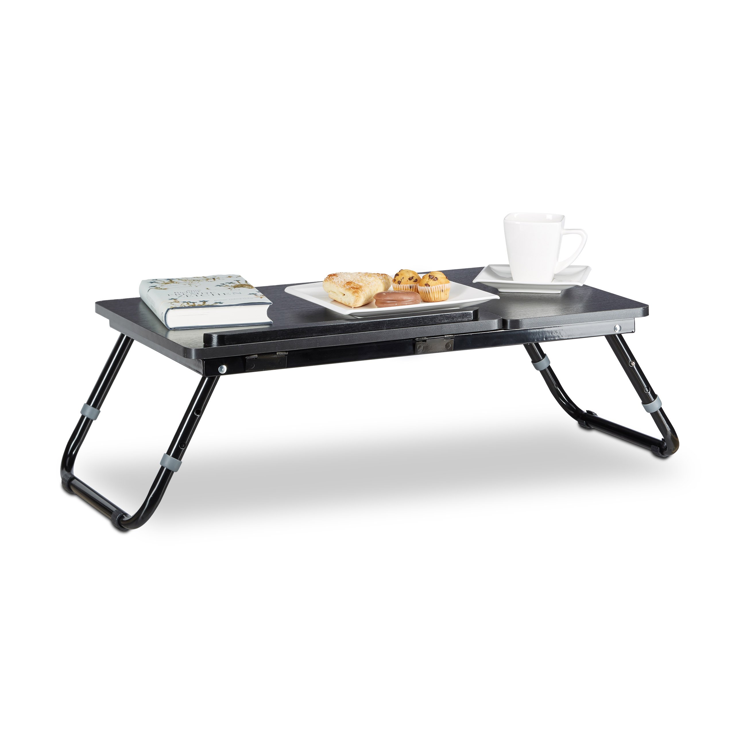Relaxdays tavolo per laptop, scrivania, tavolino da letto, vassoio da letto, tavolino per notebook, tavolino laterale, laptop WTH 75 cm x 35 cm x 40 cm, legno, nero, con ribalta per lettura, regolabile in altezza, pieghevole