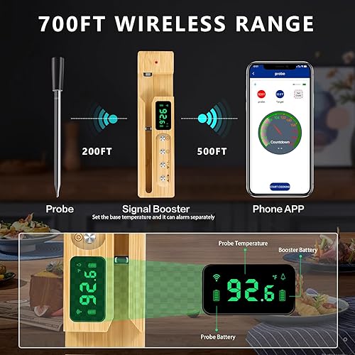 Miniatura 3 de Termómetro inalámbrico inteligente para carne, termómetro digital de cocina de 700 pies, alcance remoto, termómetro instantáneo de alimentos con