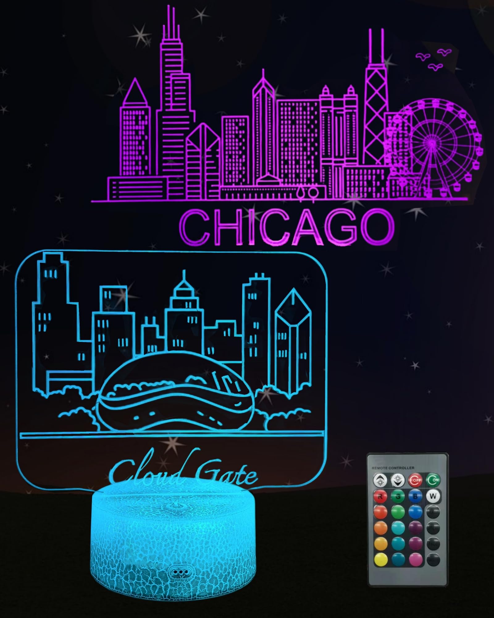 Kenmaca Night Light Chicago Skyline Art Cloud Gate Landmark 3D Illusion Lamp 2 Patterns 16 Colors Change Dimmable Room Decor, Touch & Remote Control, Christmas Birthday Gift Dad Mom Kid Boy Girl Teen — image 1