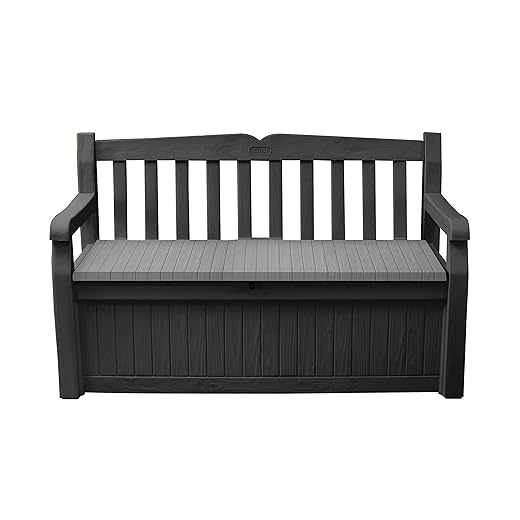 Keter Solana 70 Gallon Storage Bench Deck Box for Patio Storage, Front Porch Decor and Outdoor Seating – Perfect to Store Garden Tools and Pool Floats, Graphite