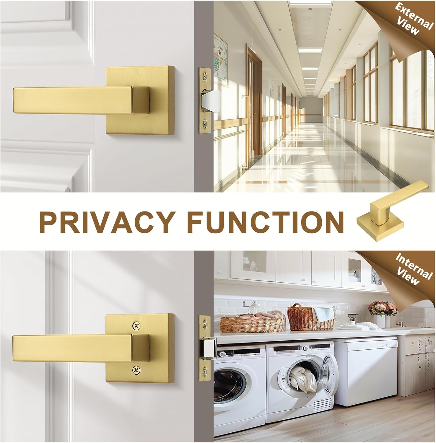 Probrico 6 Pack Heavy Duty Gold Passage Door Handle,Square Satin Brass Door Lever for Hallway and Closet, Keyless Reversible No-Locking Interior Door Knobs Both Fit Right & Left Handed Side