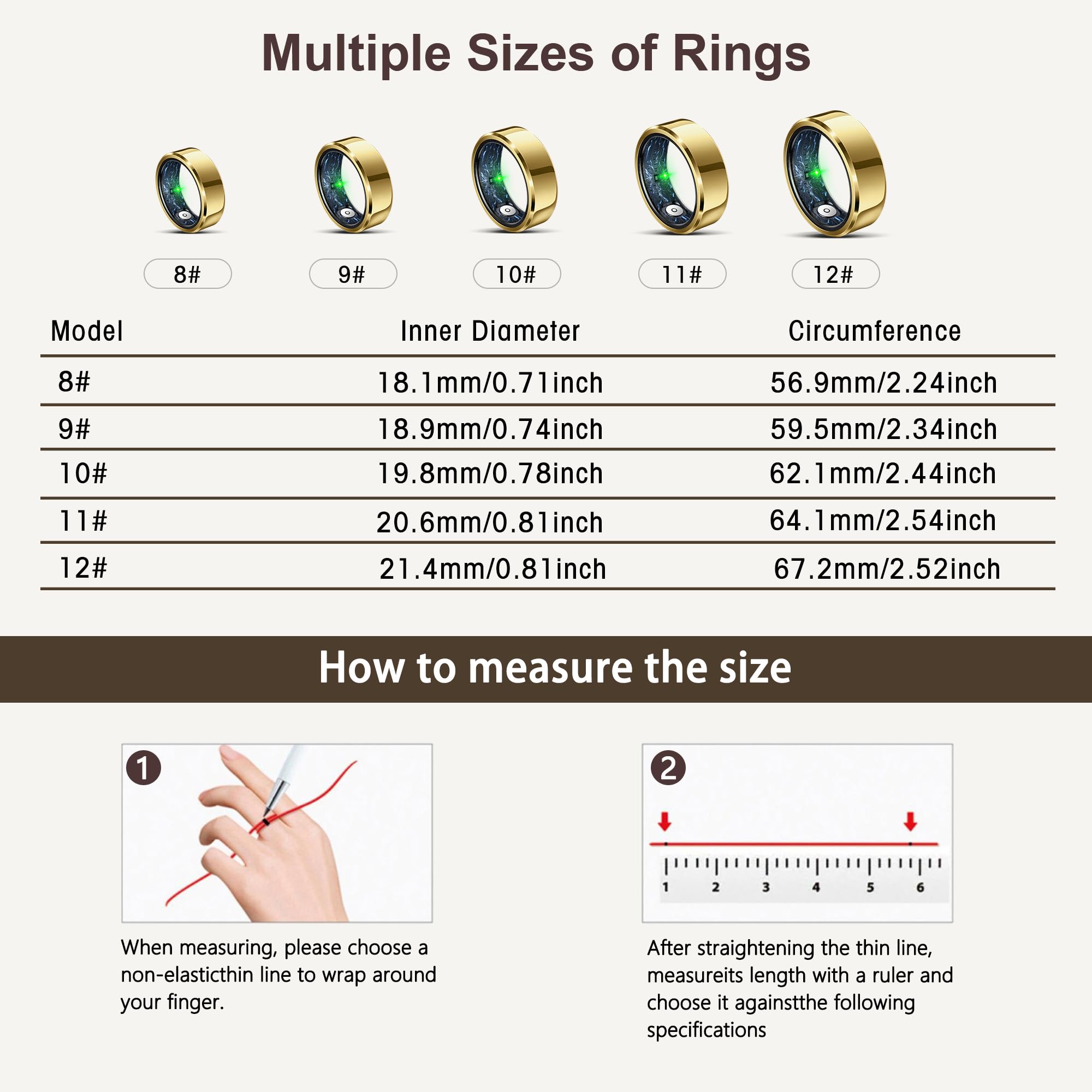 RIFESI Smart Ring for Women Men, Fashion Minimalist Fitness Ring & Sleep Tracker Ring with Heart Rate, Blood Pressure,5ATM Waterproof Health Ring,Gifts for Women Men Gift,No Subscription (8,Gold)