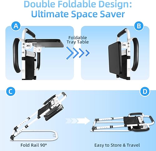 Miniatura 3 de Rieles de cama para adultos mayores, altura ajustable plegable de 90 para personas mayores con mesa plegable y luz sensora, 3 asas con bolsillo de