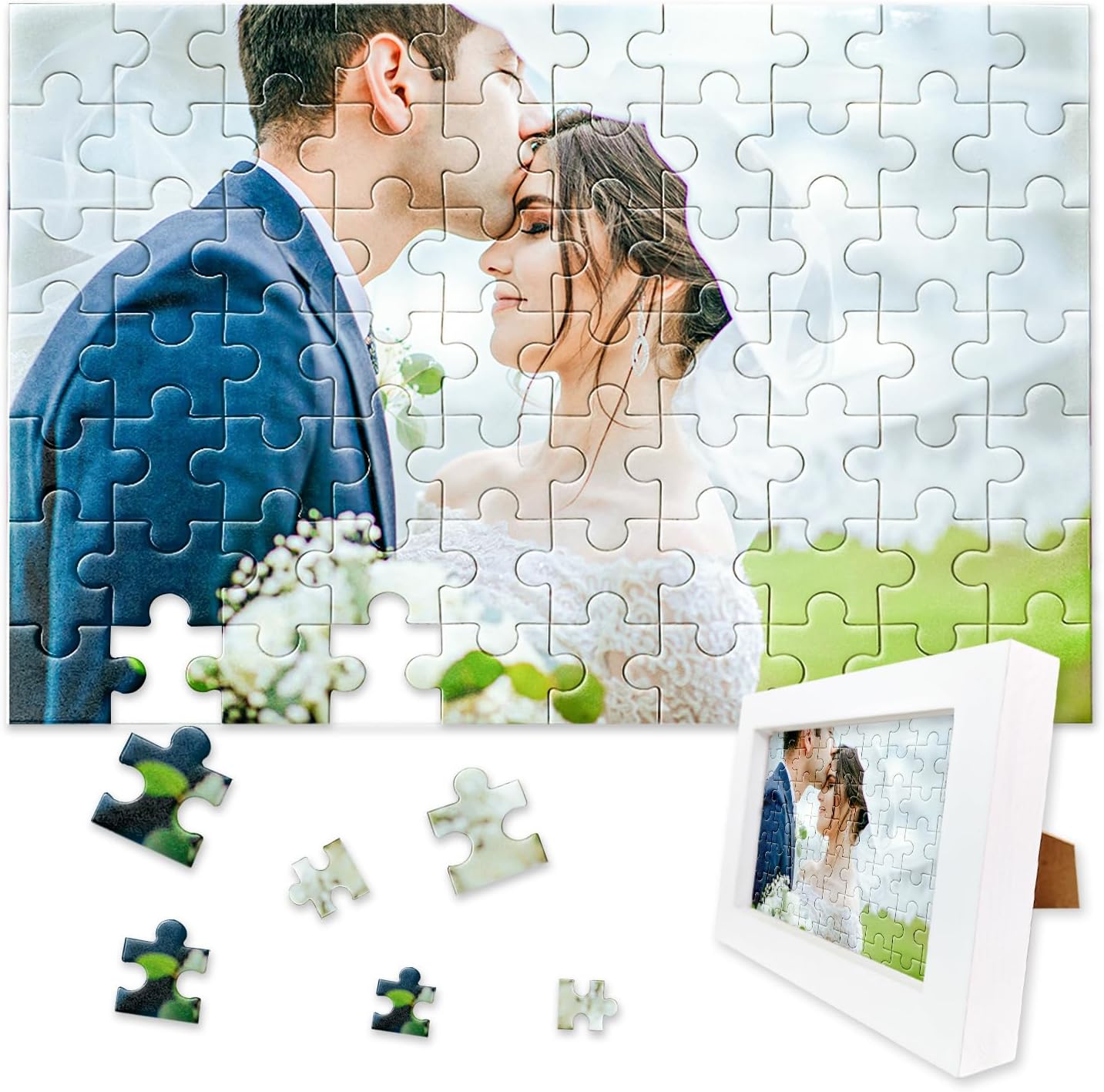 Personalised Jigsaw Puzzles for Adults 1000/500/300/200/70 Pieces,Wooden Custom Puzzle with White Frame,Personalised Gifts for Family,Pet,Wedding,Birthday,Valentine's Day,Holiday Memory(70 PCS)