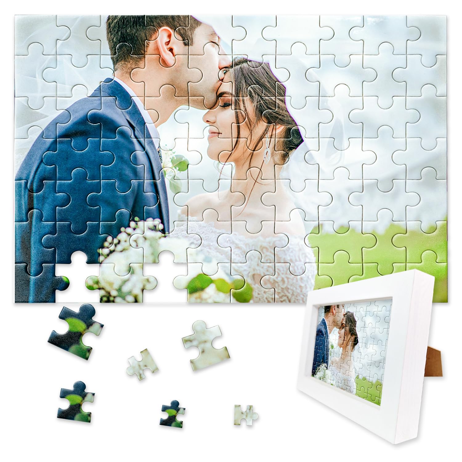 Personalised Jigsaw Puzzles for Adults 1000/500/300/200/70 Pieces,Wooden Custom Puzzle with White Frame,Personalised Gifts for Family,Pet,Wedding,Birthday,Valentine's Day,Holiday Memory(70 PCS)