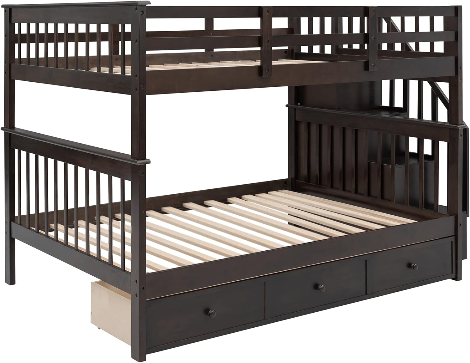 P PURLOVE Full Over Full Bunk Bed with 3 Drawers Bunk Bed Frame with Storage and Stairs, Can Be Split into 2 Single Beds, for Teens Adults, No Box Spring Needed, Espresso