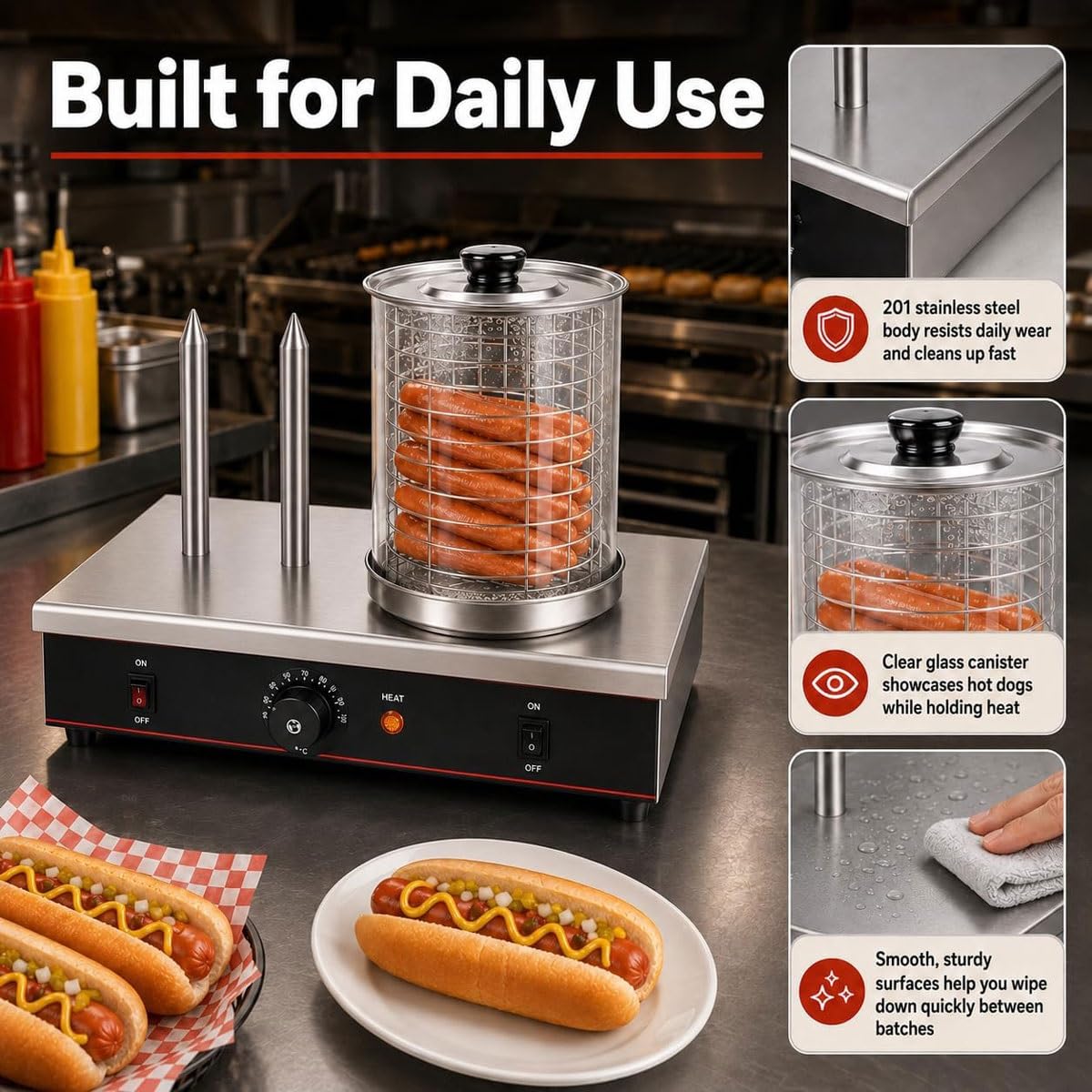 Máquina calentadora de panecillos y perritos calientes comercial 2 en 1 | Vaporera for perritos calientes de 700w/800w, acero inoxidable, Control de temperatura,hogar(3 Sticks)